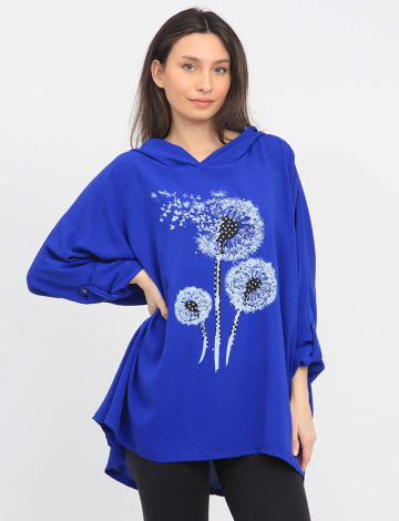 Printed Dandelion Rhinestone Hooded Loose Fit 3/4 Sleeve Top by Froccella (024-23313H4 2602510 ONE SIZE ROYAL)