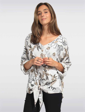 Relaxed Fit Front Tie Printed Blouse with Adjustable Sleeves by Froccella (468-38963 2606610 ONE SIZE BEIGE)