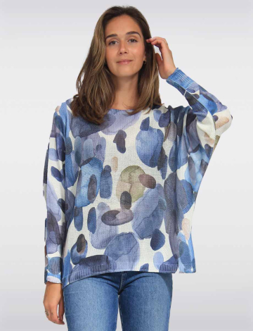 Cotton Blend Dolan Sleeves Boatneck Printed Knit Top by Froccella (467-2503A 2606810 ONE SIZE BLUE)