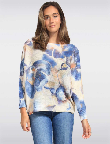 Cotton Blend Printed Dolman Sleeves Knit Top by Froccella (467-2503B 2606910 ONE SIZE BLUE)