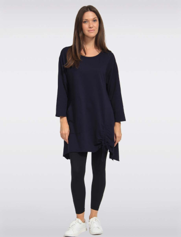 Solid Three-Quarter Sleeves Tunic with Drawstring & Pocket Details by Froccella (467-2282H24 2607110 ONE SIZE NAVY)