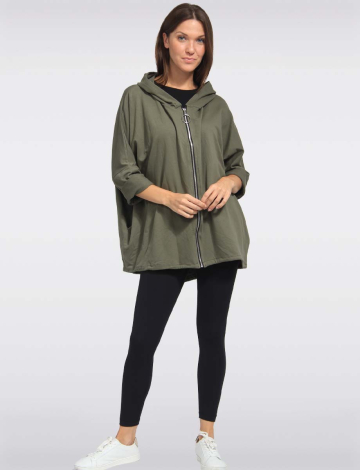 Amour Zip Front Adjustable Drawstrings Hooded Sweater by Froccella (467-2045 2607310 ONE SIZE KHAKI)