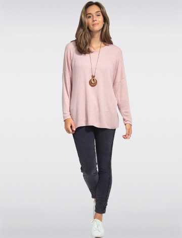 Ribbed Wool V-Neck Top With Long Sleeves by Froccella (475-1027H24 2607810 ONE SIZE PINK)