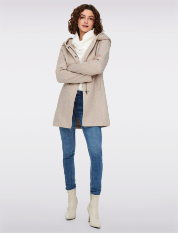 Straight Cut Hooded Zip Front Light Heathered Coat by ONLY (860-15142911H4 2608330 SMALL BEIGE)