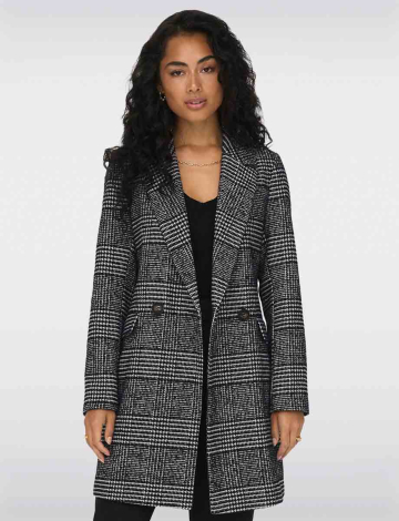 Eco-Chic Plaid Double-Breasted Recycled Wool Peacoat by Only (860-15300632 2609720 X-SMALL Black)