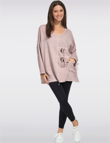 Cozy Cotton-Blend Knit Top Button-Sequins Details by Froccella (475-3026B 2610610 ONE SIZE PINK)