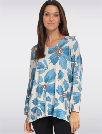 Printed Wool Blend V-Neck Dolman Sleeves Knit Top by Froccella (531-2066B 2611210 ONE SIZE TURQUOISE)