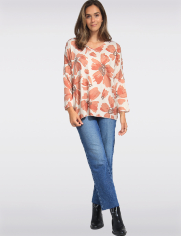 Printed Wool Blend V-Neck Dolman Sleeves Knit Top by Froccella (531-2066B 2611410 ONE SIZE ORANGE)