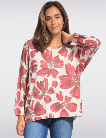 Printed Wool Blend V-Neck Dolman Sleeves Knit Top by Froccella (531-2066B 2611510 ONE SIZE RED)