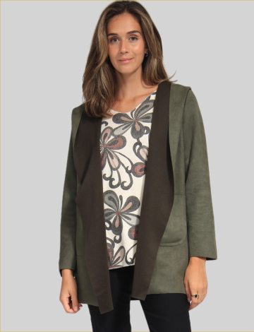 Elegant Faux Suede Open Draped Hooded Mid-Length Jacket by Froccella (532-10357 2611910 ONE SIZE KHAKI)