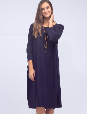 Classic Soft Cotton Stretch Long Sleeve T-Shirt Maxi Dress by Froccella (016-21159H4 2614010 ONE SIZE NAVY)