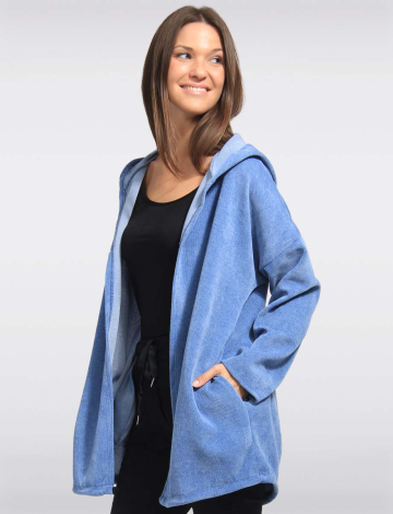 Classic Ultra-Soft Long Hooded Cardigan with Adjustable Hem by Froccella (024-23728H4 2615210 ONE SIZE DENIM)