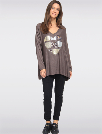 Ultra-Soft Drop Shoulder Long Sleeve Foil Printed V-Neck Knit Top by Froccella (533-21386 2617110 ONE SIZE BROWN)