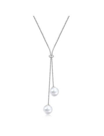 Delicate Lariat Silvertone Necklace with Faux Pearl Drop Pendant