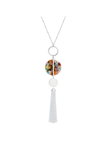 Polished Perfection: Silver Circle Marble Disc Bar Tassel Necklace