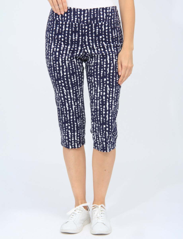 Navy And White Print Pull-on Stretch Mid-rise Capris By Amani Couture