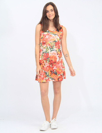 Sleeveless Orange Floral Print Knit V-neck Summer Dress By Amani Couture