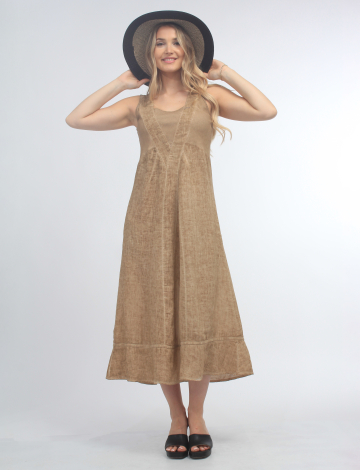 Long Linen Square Neck Dress with Crossover V and Cotton Knit Trim By Carré Noir