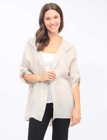 Hooded Linen Open Front Dolman Sleeve Cover-up by Froccella