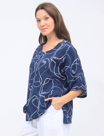 Linen Blend Abstract Face Print Tunic With Slits And Pocket By Froccella