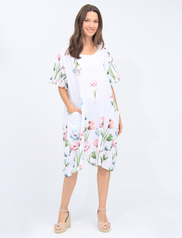 Loose Fit Linen Floral Print Short Sleeve Dress with Front Pockets By Froccella