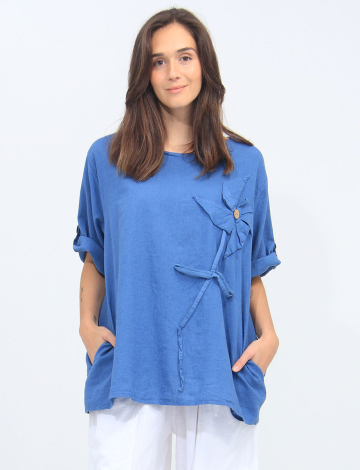 Linen Short Sleeve Flower Appliqué With Button Round Neck Tunic By Froccella