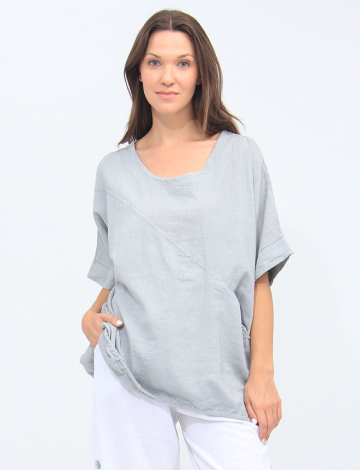Linen Solid Drawstring Hem Pocket Front Top By Froccella