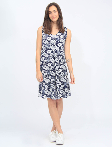 Navy Floral Sleeveless A-Line Front Pleat Dress By Vamp