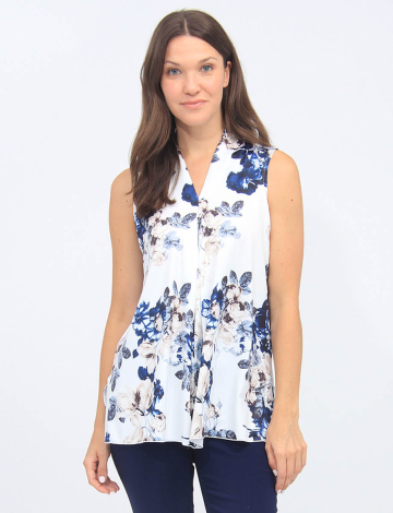 Ivory Floral Sleeveless Pleat Front And Side Slits Top By Vamp