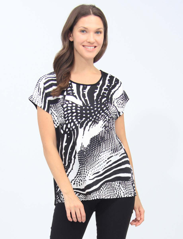 Black And White Print Cap Sleeve Rounnd Neck Stretch Top By Vamp