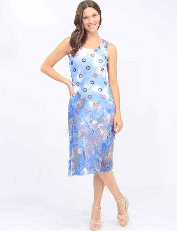 Elegant Sleeveless Blue Watercolor Print Jacquard A-Line Midi Dress By Cativa