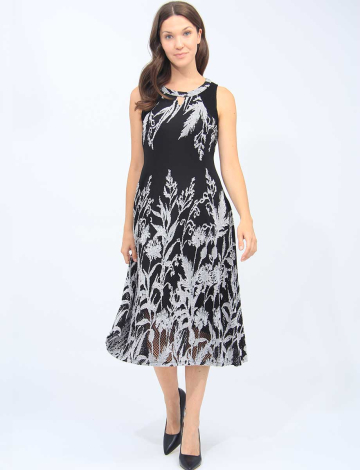 Black and White Sleeveless Jacquard Midi A-Line Dress With Mesh Detail By Cativa