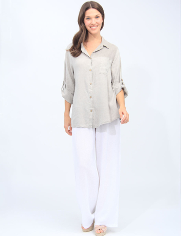 Linen Blend Adjustable 3/4 Sleeves Button-Down Collared Loose Shirt By Froccella