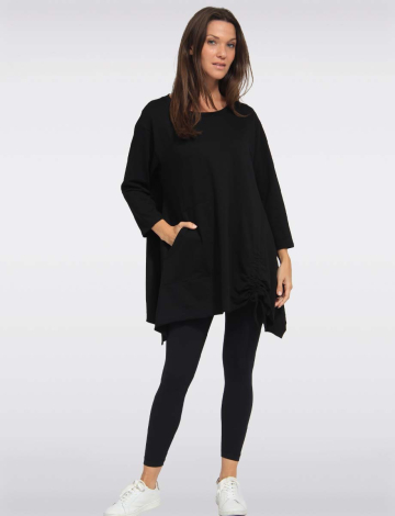 Solid Three-Quarter Sleeves Tunic with Drawstring & Pocket Details by Froccella