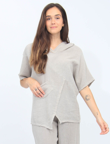 Hooded Cotton-Linen Front Pocket Asymmetrical Top By Froccella