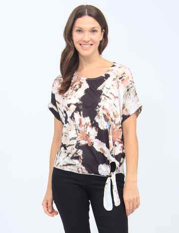 Beige And Black Printed Short Sleeve Tie-Front Round Neck Top By Froccella
