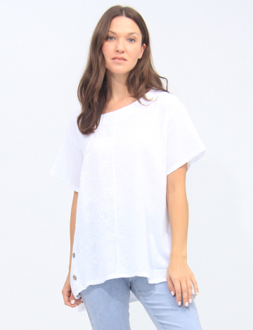 Embroidered Shortsleeve Loose Fit Linen Blend Tunic By Froccella