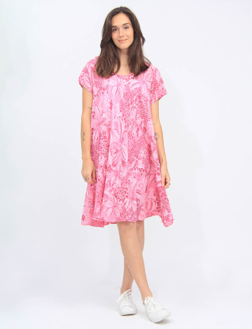 Tropical Print Cotton Short Sleeve Asymmetrical Hem Dress By Froccella