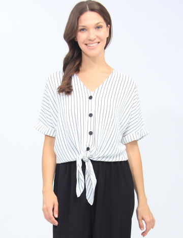 Striped Dolman Sleeve Button-Down Front Tie V-neck Shirt By Devia