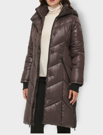 Chevron Quilted Long Hooded Puffer Jacket with Side Zips by Kenneth Cole