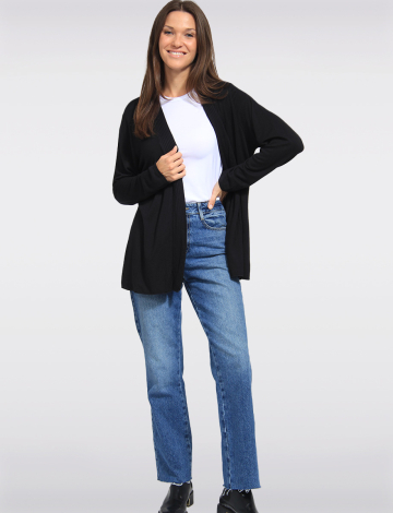 Long Sleeves Open Front Ribbed Trim Knit Cardigan by Froccella