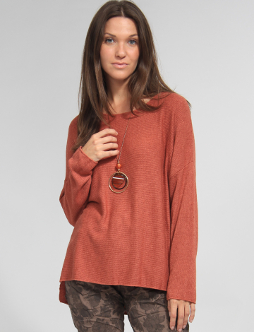 Ultra-soft Drop Shoulder Long Sleeves Knit Top with Necklace by Froccella