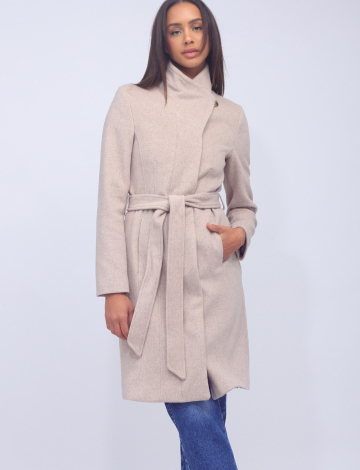 Classy Wool Blend Crossover Collar Belted Coat by Cole Haan