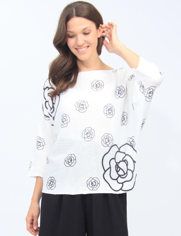 Black And White Floral Print 3/4 Dolman Sleeve Knit Top By Froccella