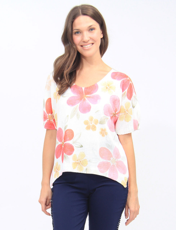 Short Sleeves Floral Print Knit Top With Side Slits By Froccella