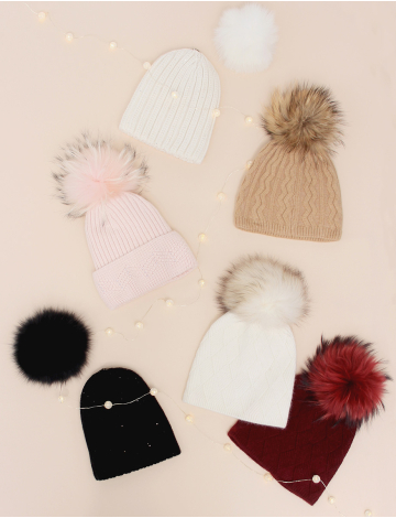 Cable Knit Beanie with Faux Fur Detachable Pom Pom by Saki