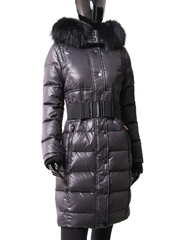 Belted downfill coat with genuine fur trim by Nicole Benisti