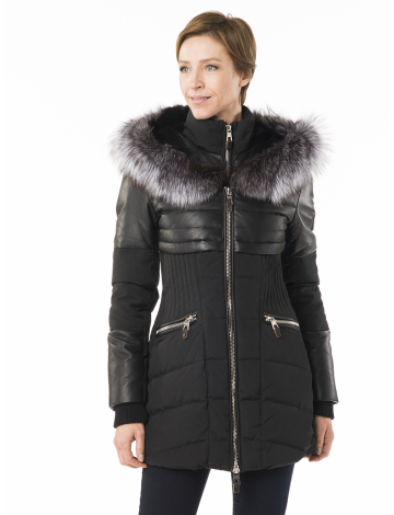 Solid padded coat with genuine fur trim by Nicole Benisti