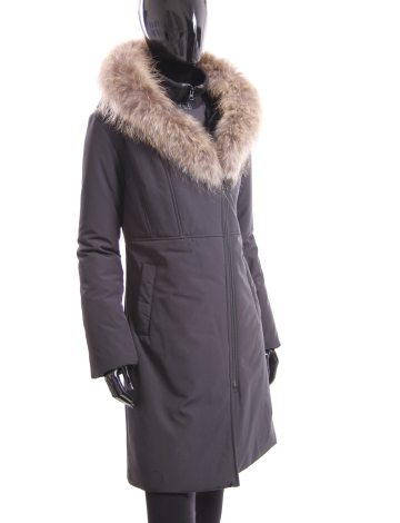 Long asymmetric A-line coat with genuine fur trim NORTHSIDE by FEN-NELLI
