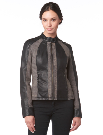 Faux leather and denim moto jacket by Oxygen